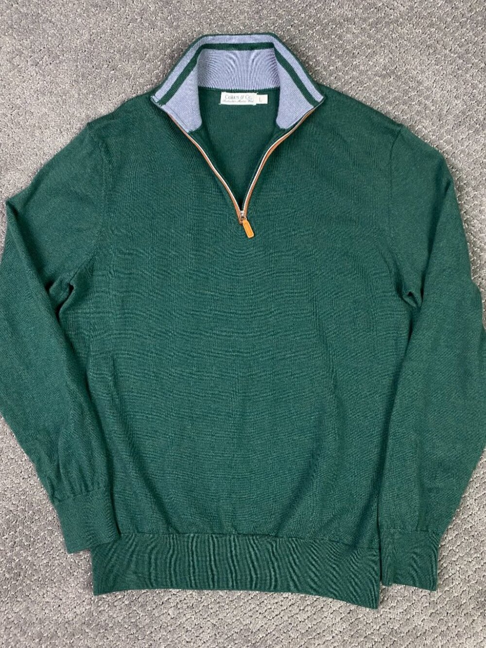 Collars and Co Merino Wool 1/4 Zip Sweater Mens Large Fits Medium Green & Co